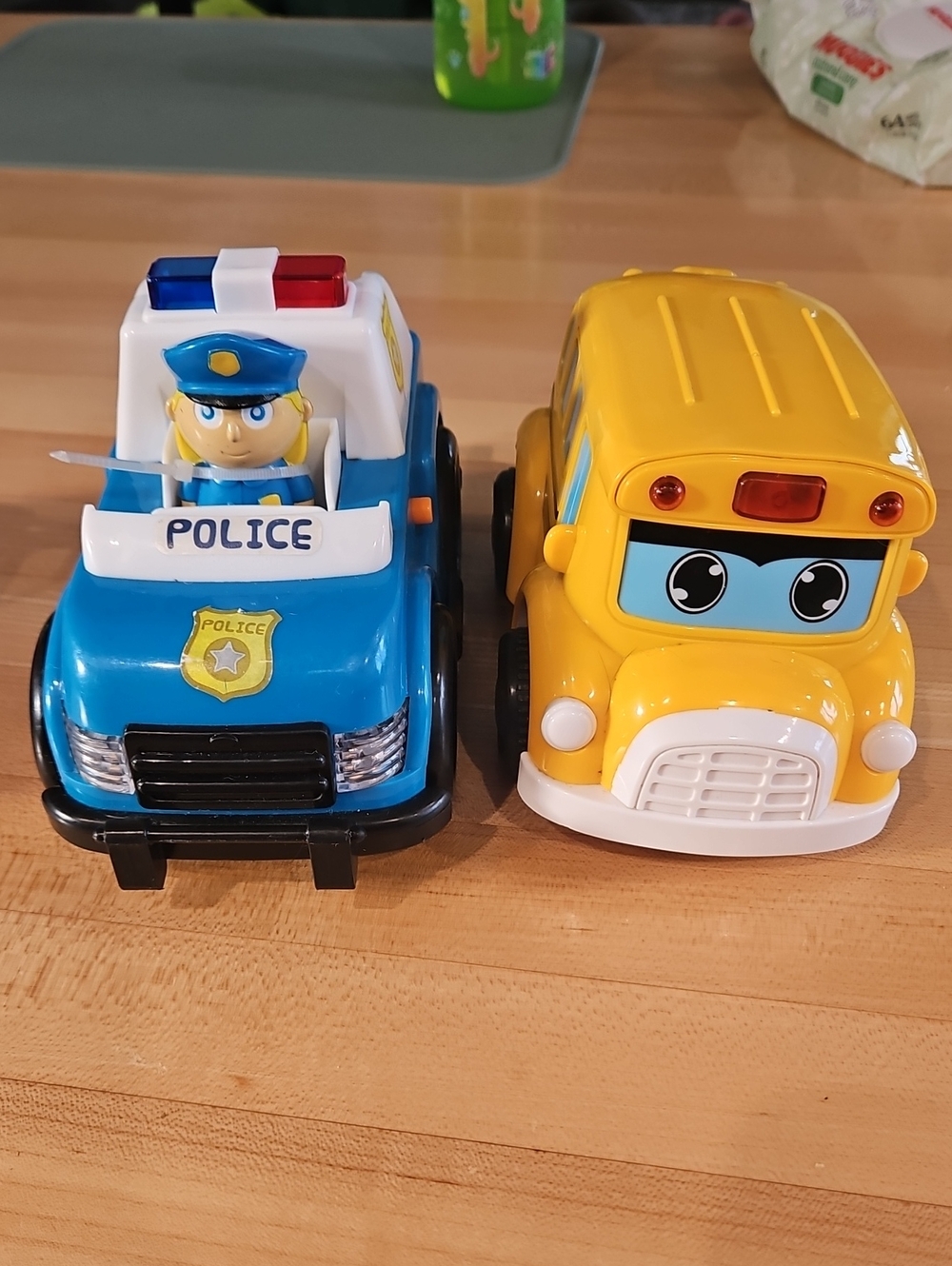 Blue Police Toy Car and Yellow School Bus Playset